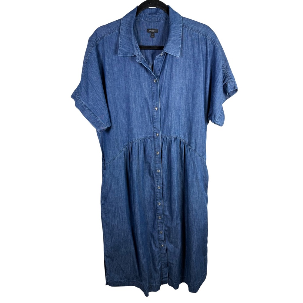 Talbots Chambray Denim Short Sleeve Button Front Midi Dress Size XL Petite